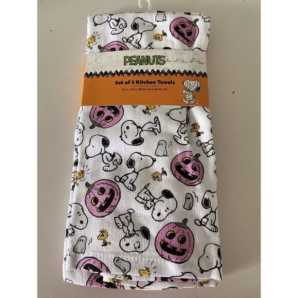 3 Pack Peanuts Snoopy Woodstock Halloween Kitchen Towels Pink Pumpkin 16 X 26” - Picture 1 of 14